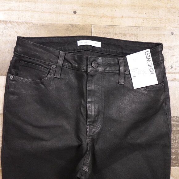 Nine West Kick Flare Jeans Women’s Size 10 Black High Rise Coated Denim Waxed - Picture 2 of 12